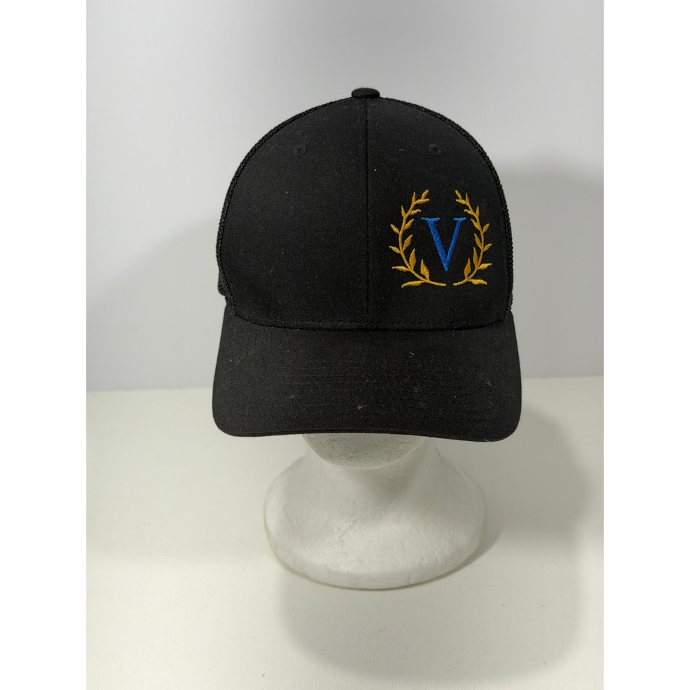 Yupoong Mesh Flexfit Trucker Hat Black Blue V Gold Laurel Wreath Embroidery
